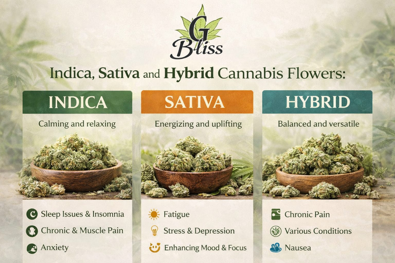 Indica, Sativa and Hybrid cannabis flowers guide